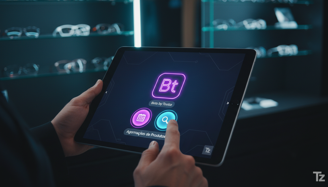 Review honesto: Automação Instagram realmente funciona para óticas? — Close-up das mãos de um atendente de ótica usando um tablet para responder rapidamente às mensagens dos clientes no Instagram. A i