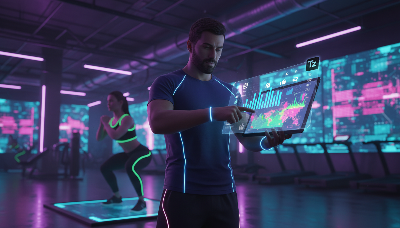 Review honesto: Automação Instagram realmente funciona para personal trainers em — Um personal trainer analisando um painel de controle da Toolzz em um tablet, mostrando gráficos de desempenho do Inst