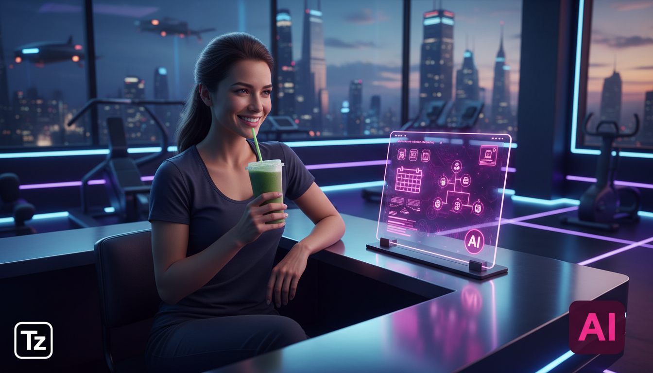 Review honesto: IA para Instagram Business realmente funciona para academias? — Visão aérea de uma recepcionista de academia, sorrindo e relaxada, enquanto um Agente AI da Toolzz automatiza agendament