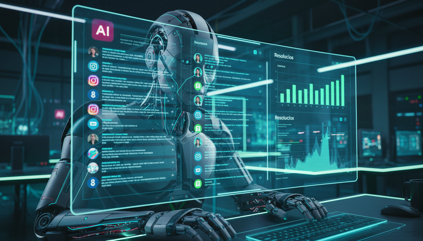 Review honesto: IA para Instagram realmente funciona para agências? — Close-up de um agente de suporte de IA da Toolzz respondendo instantaneamente a uma avalanche de mensagens e comentários no Instag