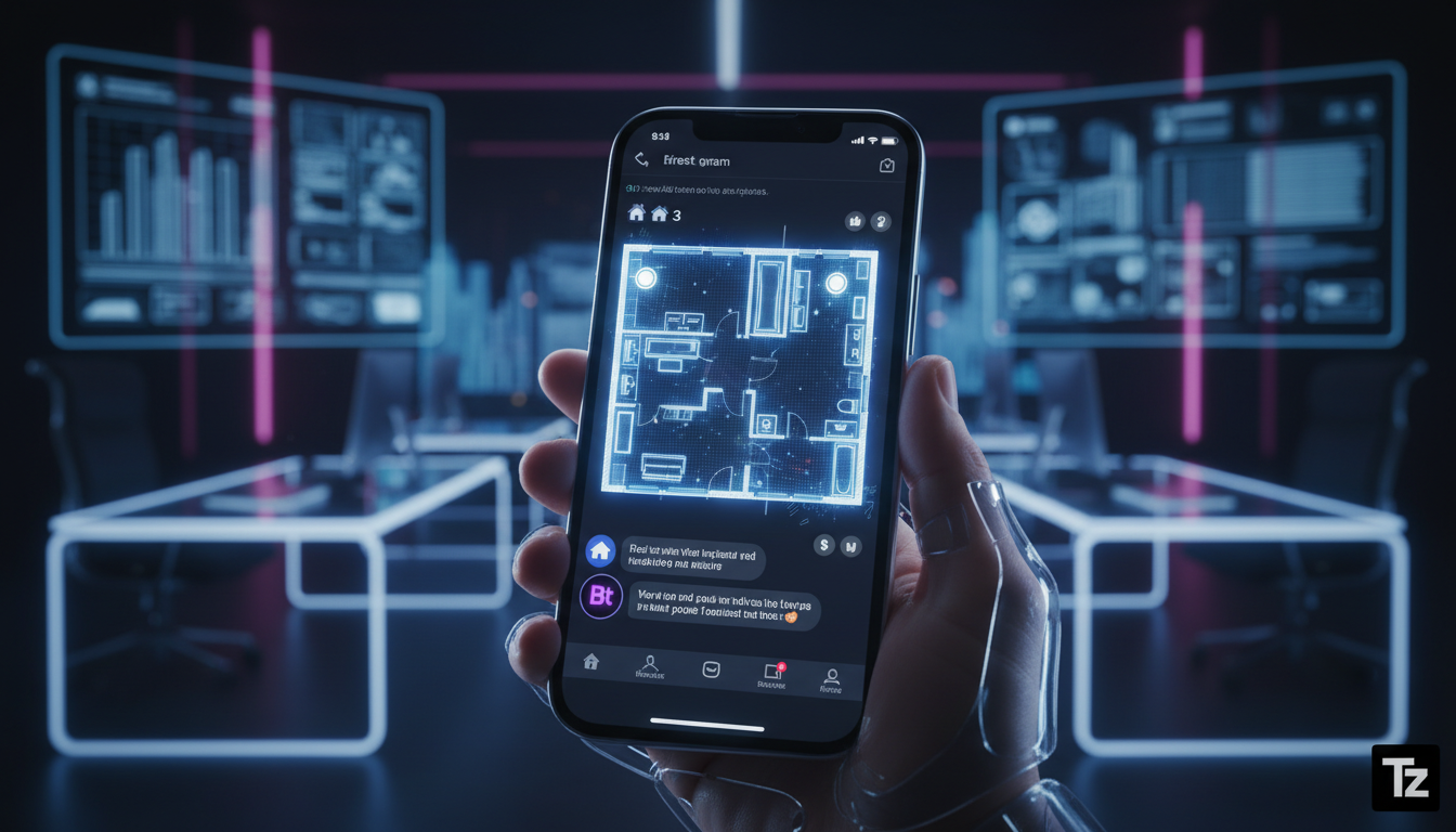 Review honesto: IA para redes sociais realmente funciona para imobiliárias? — Uma tela de smartphone exibindo uma conversa do Instagram. Um chatbot com o logo da Toolzz responde instantaneamente a vár