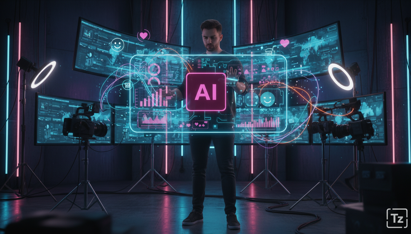 Review honesto: Instagram commerce IA realmente funciona para influenciadores? — Um influenciador digital em um estúdio moderno, cercado por equipamentos de gravação. Hologramas de dados e gráficos fl