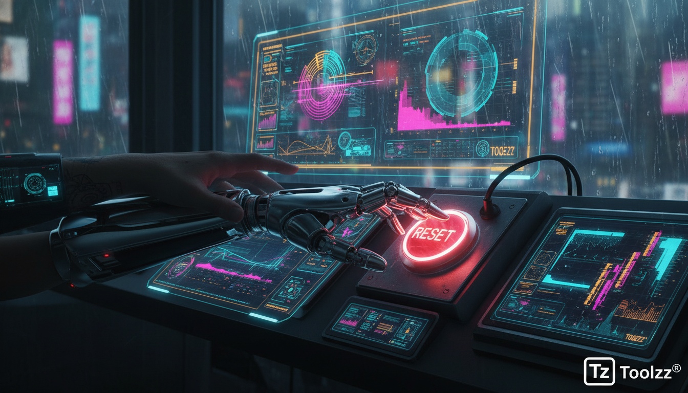 Revolta da IA: O que as empresas precisam saber? — Um painel de controle de IA complexo e futurista com diversos indicadores e gráficos. Um braço robótico tenta alcançar um botão de 'reset' mas está h