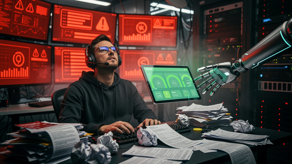 Revolucione o Suporte de TI com Agentes de IA: Atendimento 24/7 — Um técnico de TI frustrado cercado por pilhas de chamados em papel e telas piscando alertas. Uma mão robótica da Toolzz estende-se par