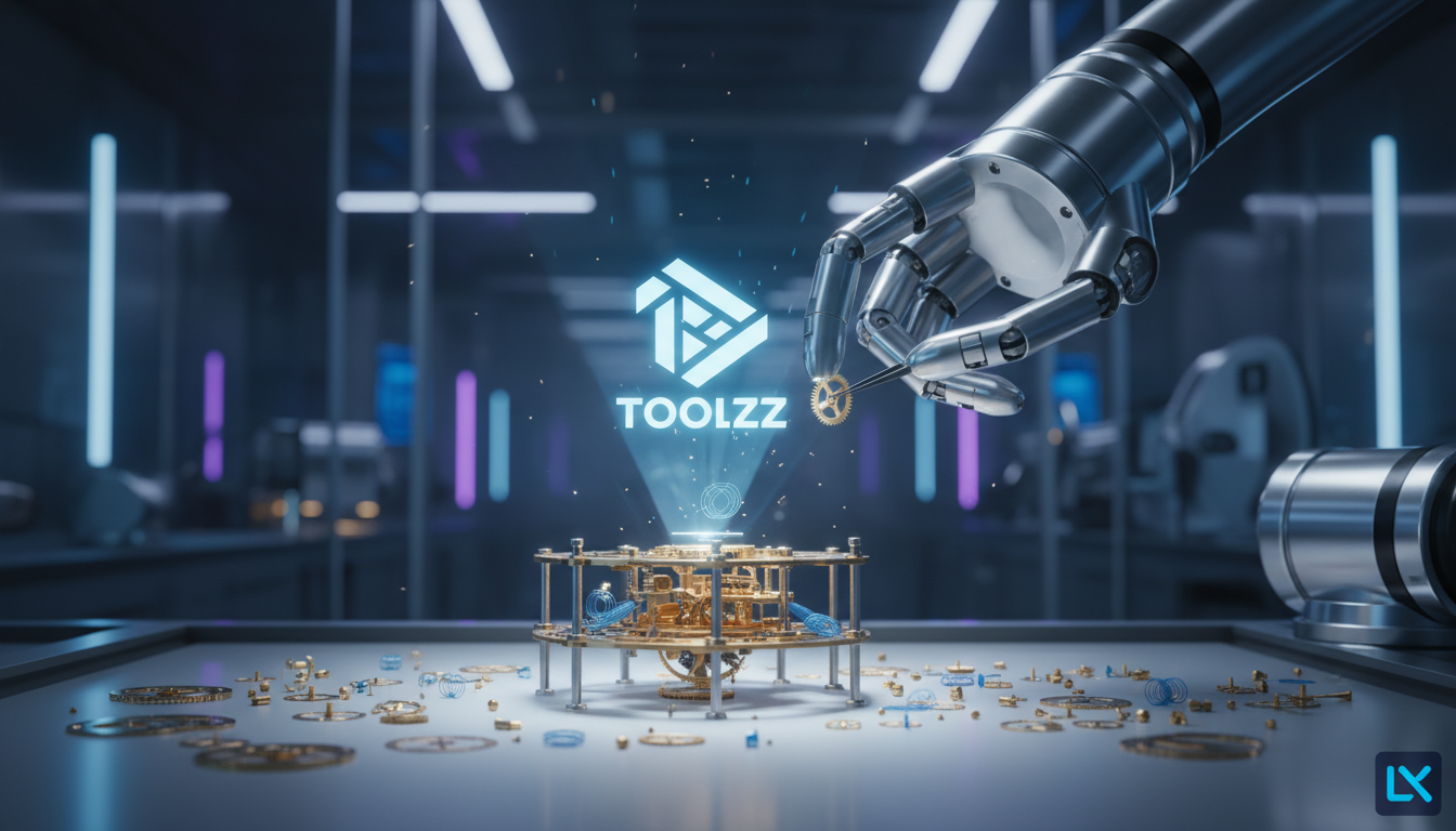 RLT: Manipulação Robótica de Precisão com Aprendizado Online Eficiente — Um braço robótico industrial montando um intrincado mecanismo de relógio, com engrenagens minúsculas e molas delicadas. Foco na