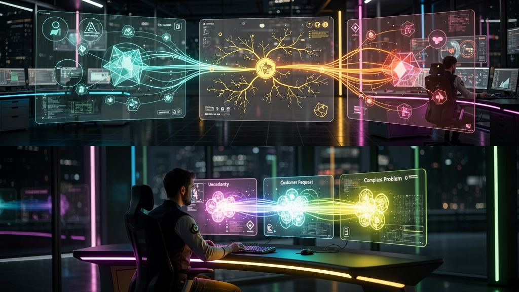 Roadmap de Agente-to-Human (A2H): do básico ao avançado — Um fluxograma com design moderno e cores vibrantes, mostrando o processo de transferência de uma tarefa de um agente de IA para um operador hu