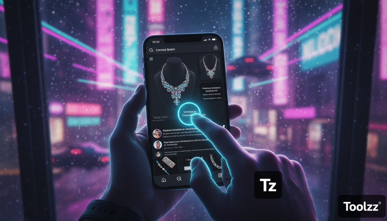 Roadmap de Maturidade em Automação Instagram — Uma pessoa usando um smartphone para visualizar um perfil de joalheria no Instagram. A tela mostra um post com um botão de agendamento. As mãos da pessoa