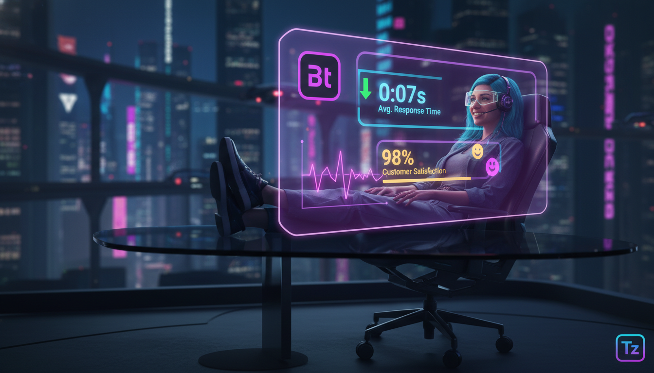 Roadmap de maturidade em Chatbot Instagram DM — Um atendente de suporte ao cliente sorrindo e relaxado, visualizando um painel de controle simplificado com o logo da Toolzz exibindo estatísticas de au