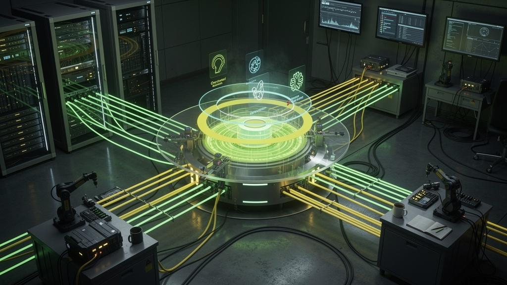 Roadmap de Maturidade em MCP: Dominando o Model Context Protocol — Ilustração isométrica de um hub central de IA, com diversas conexões representando diferentes ferramentas, APIs e bancos de dados. As