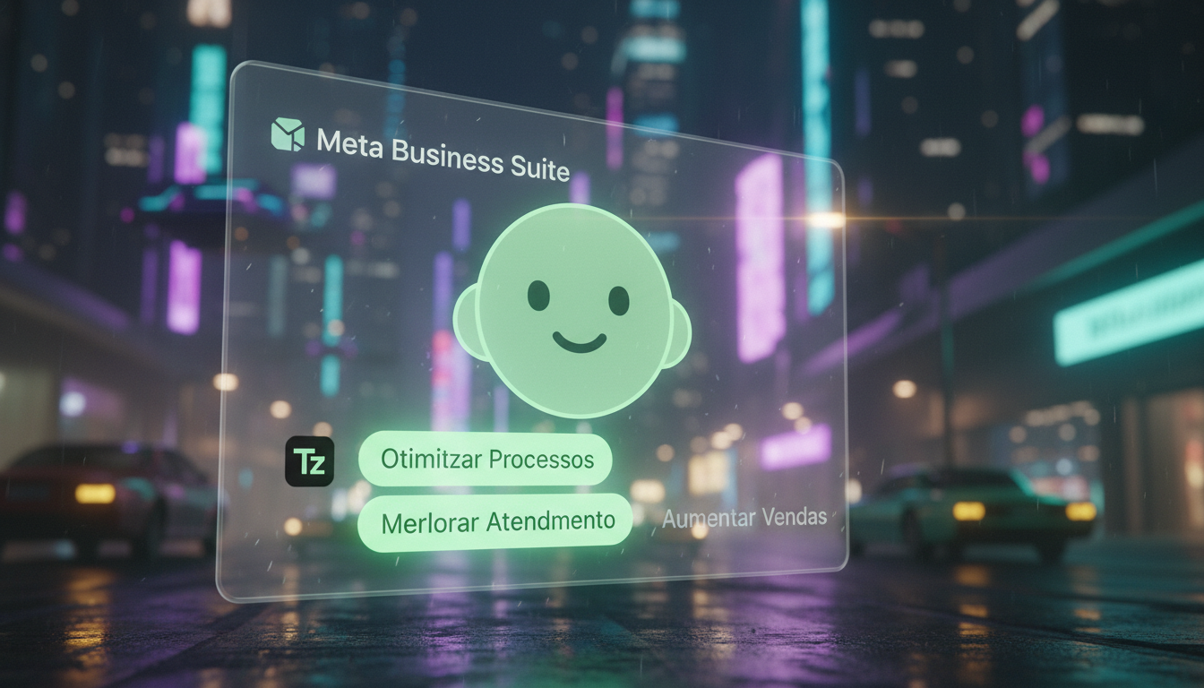 Roadmap de Maturidade em Meta Business Suite IA — Close-up de um chatbot (estilo cartoon minimalista) interagindo com um usuário em uma janela de chat da Meta Business Suite. O chatbot está sorrindo e