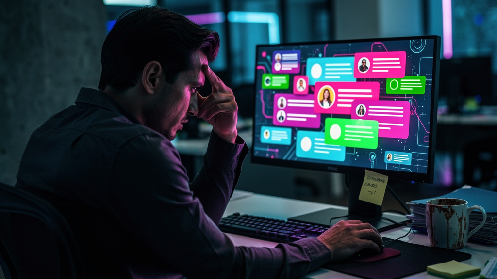 Roadmap de Notificações: do básico ao avançado — Um colaborador com expressão frustrada olhando para uma tela de computador repleta de notificações genéricas e irrelevantes. A tela está sobrecarregada