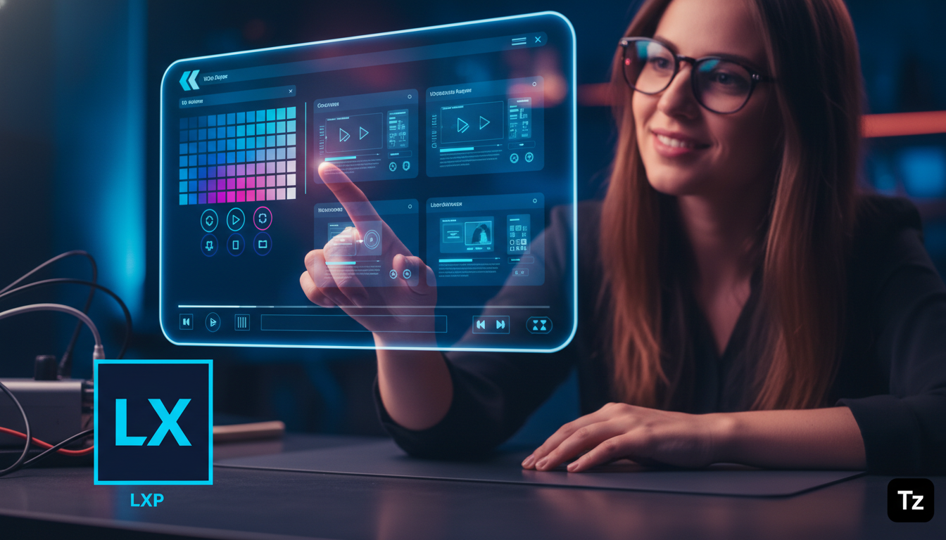 Roadmap de Player Customizado em LXP: do básico ao avançado — Close-up de um designer de UI/UX trabalhando em uma tela que exibe um player de vídeo customizado em LXP. A interface do player mostra opç