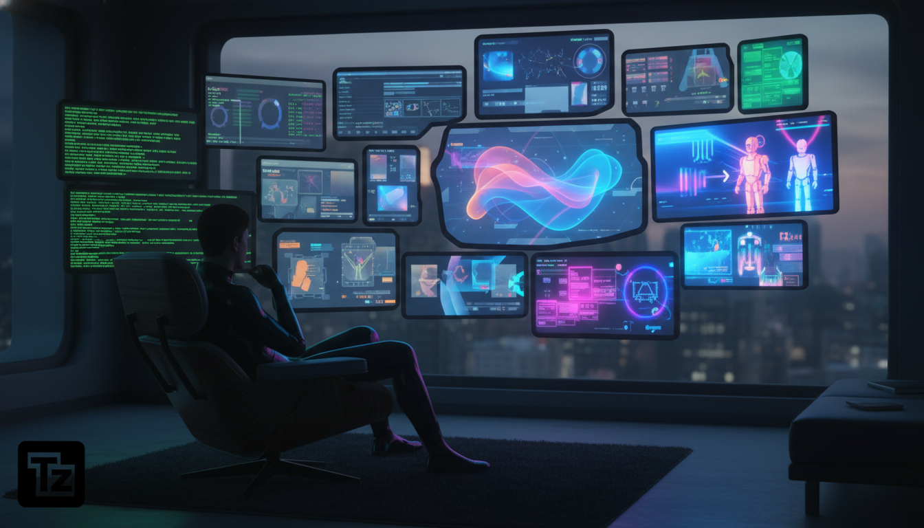 Robôs e a Importância da Transparência na Interação Humano-Máquina — Uma sala de estar moderna com uma parede coberta de monitores mostrando a evolução das interfaces de usuário, desde linhas de coman