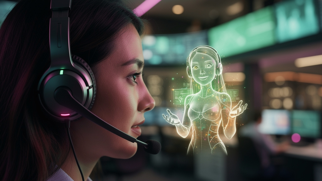 ROI real da Voz IA: otimizando seu call center com agentes inteligentes — Close-up de um fone de ouvido de call center, com um holograma sutil de uma assistente virtual amigável flutuando ao lado. O h