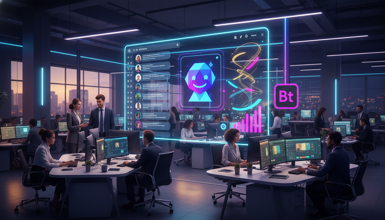 ROI real de automação de marketing Instagram: números que você precisa ver — Um escritório movimentado com pessoas colaborando em frente a telas que exibem painéis de controle de Instagram. Em uma tel