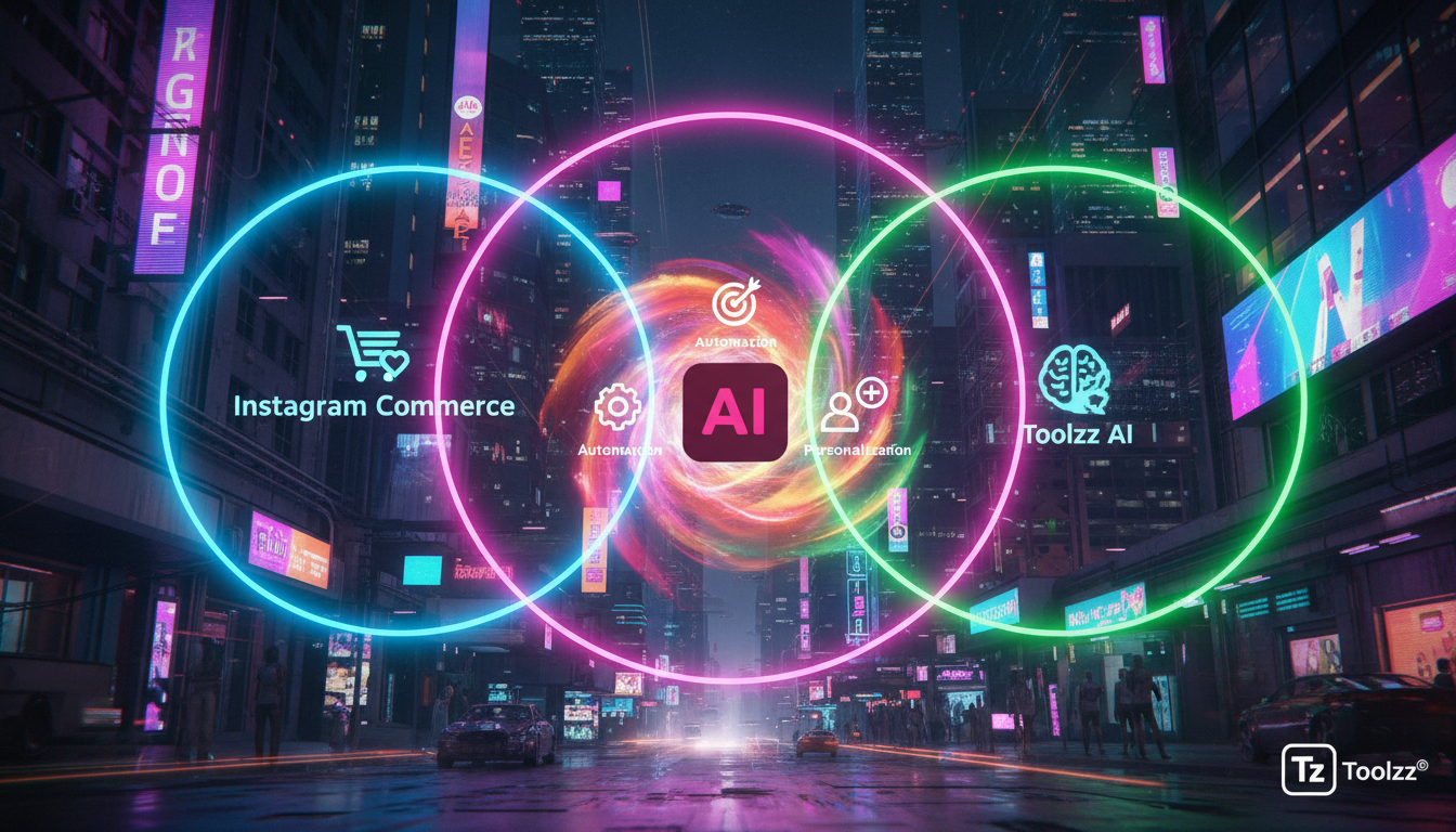ROI real de Instagram Commerce com IA: 7 números que você precisa ver — Um diagrama de Venn mostrando a interseção entre 'Instagram Commerce', 'Inteligência Artificial' e 'Toolzz AI'. A área de inters