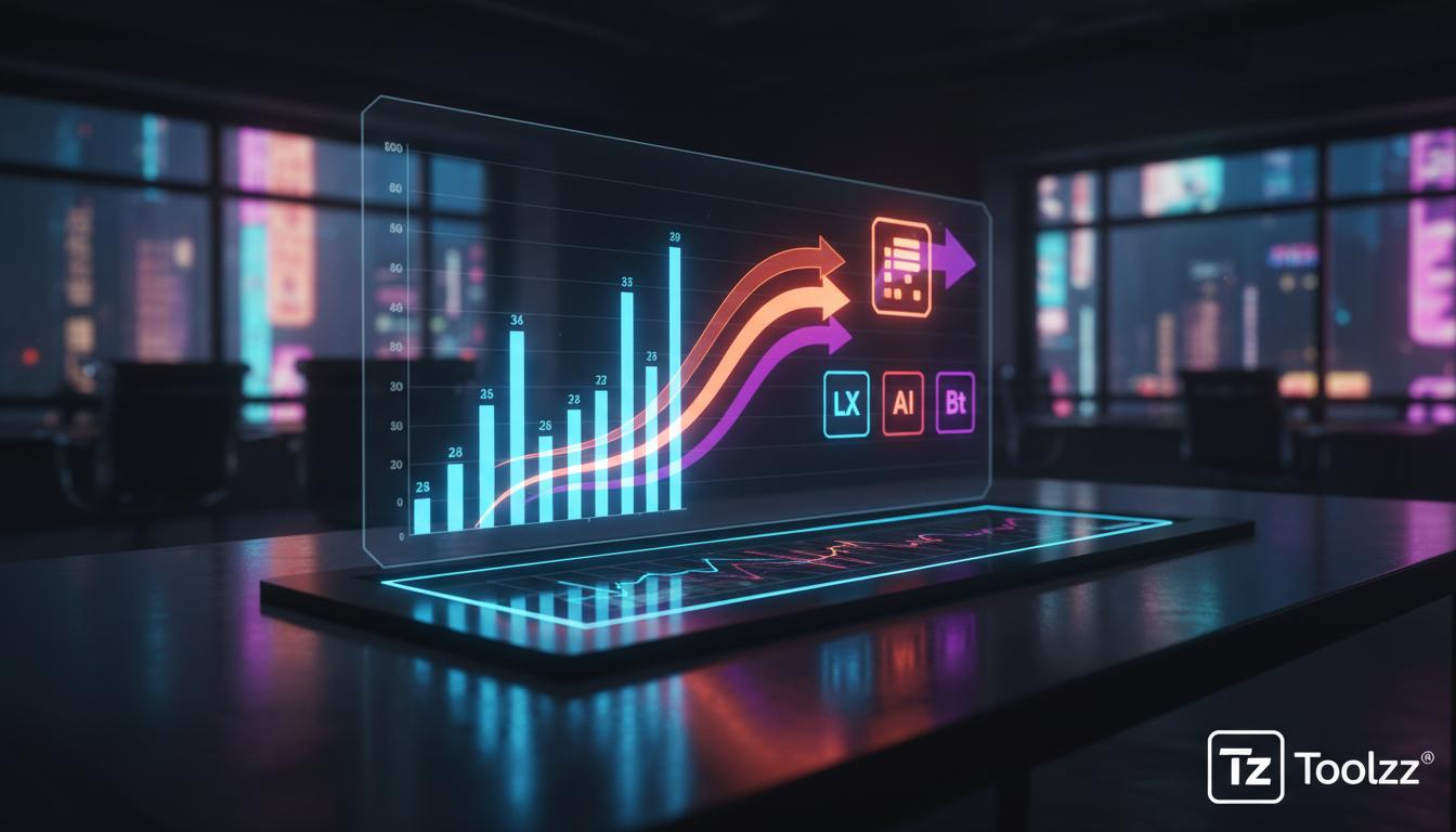 ROI real de Upsell Automático: números que você precisa ver — Ilustração digital de um painel de controle de LXP, mostrando um gráfico de barras dinâmico representando o progresso de diferentes colabo