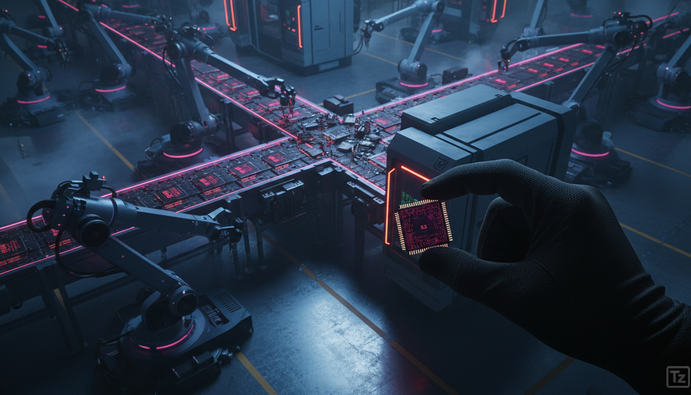 Roubo de Chips de IA: Impacto na Segurança Corporativa — Visão aérea de uma linha de produção de chips de IA em uma fábrica de alta tecnologia. Braços robóticos manuseiam os chips com precisão. Em pri