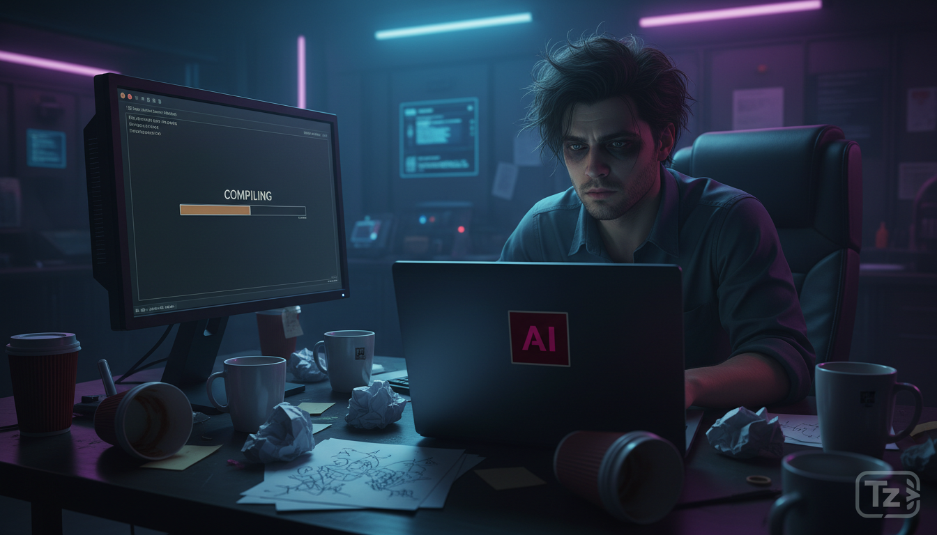 Rust: Desafios Atuais e o Futuro da Programação Segura — Um desenvolvedor frustrado, com olheiras e cabelo despenteado, olhando fixamente para uma tela de computador que exibe uma barra de progresso d