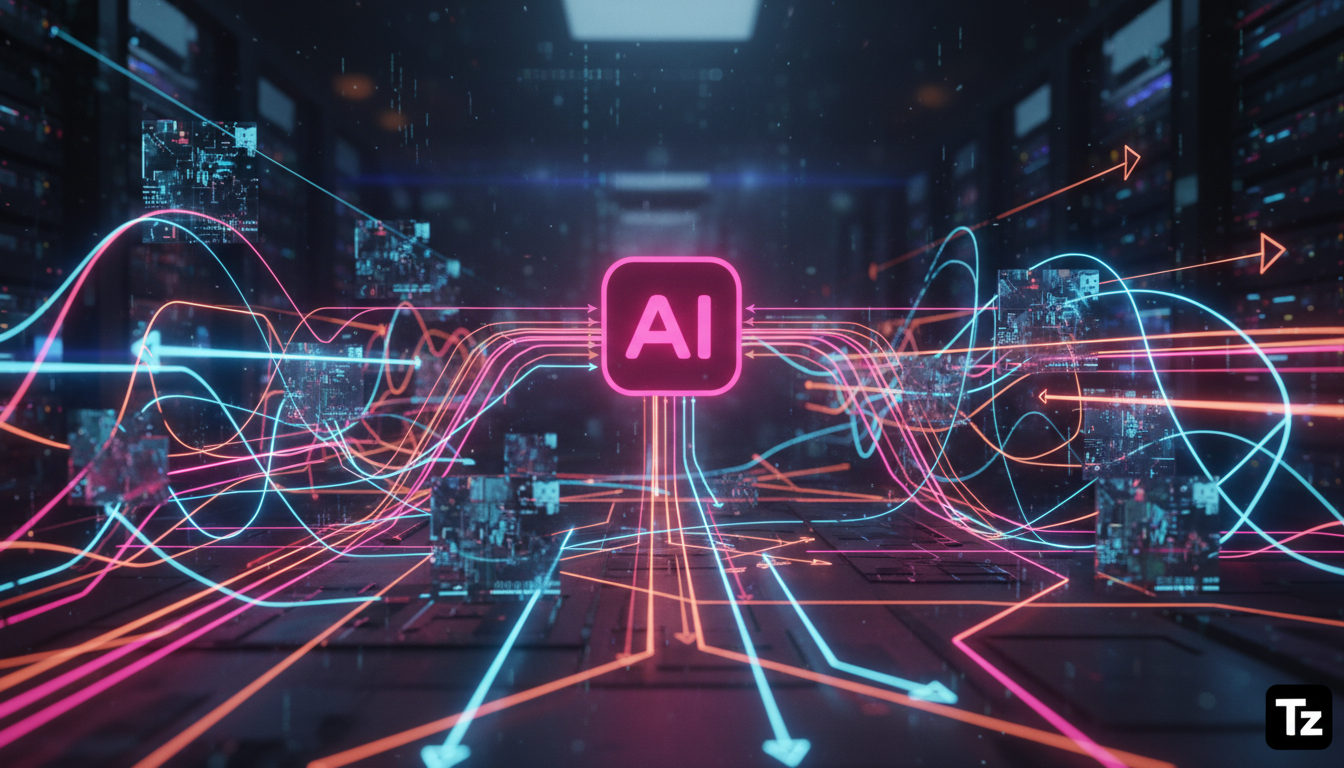 Rust: Desafios de Aprendizado e Como a IA Pode Acelerar a Adoção — Um diagrama de espaguete visualizando o fluxo de dados complicado em um projeto Rust, com setas emaranhadas conectando diferentes com