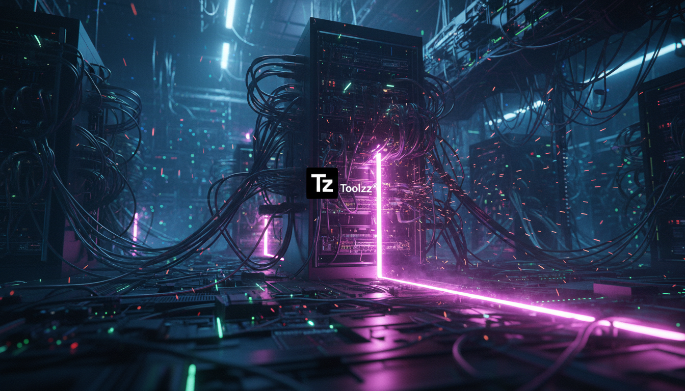 Saaspocalipse: O Fim da Era SaaS com a Ascensão da IA? — Um labirinto complexo feito de cabos de rede, representando a infraestrutura SaaS tradicional. Uma única linha de código brilhante, gerada por 