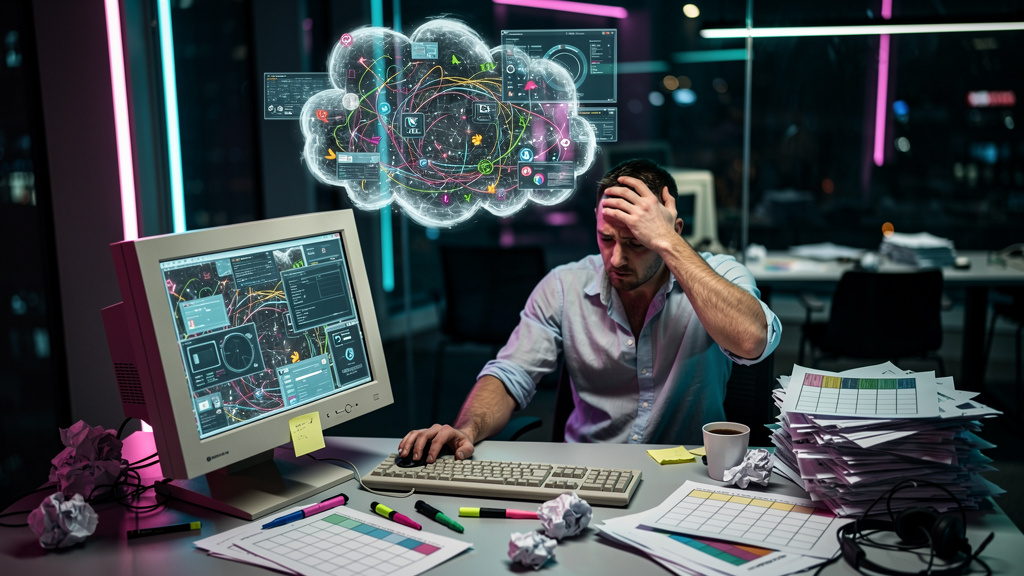 SDR com IA: Aumente a Eficiência da Sua Equipe de Vendas — Um SDR sobrecarregado, sentado em uma mesa bagunçada com pilhas de papéis e planilhas, tentando desesperadamente qualificar leads em um compu