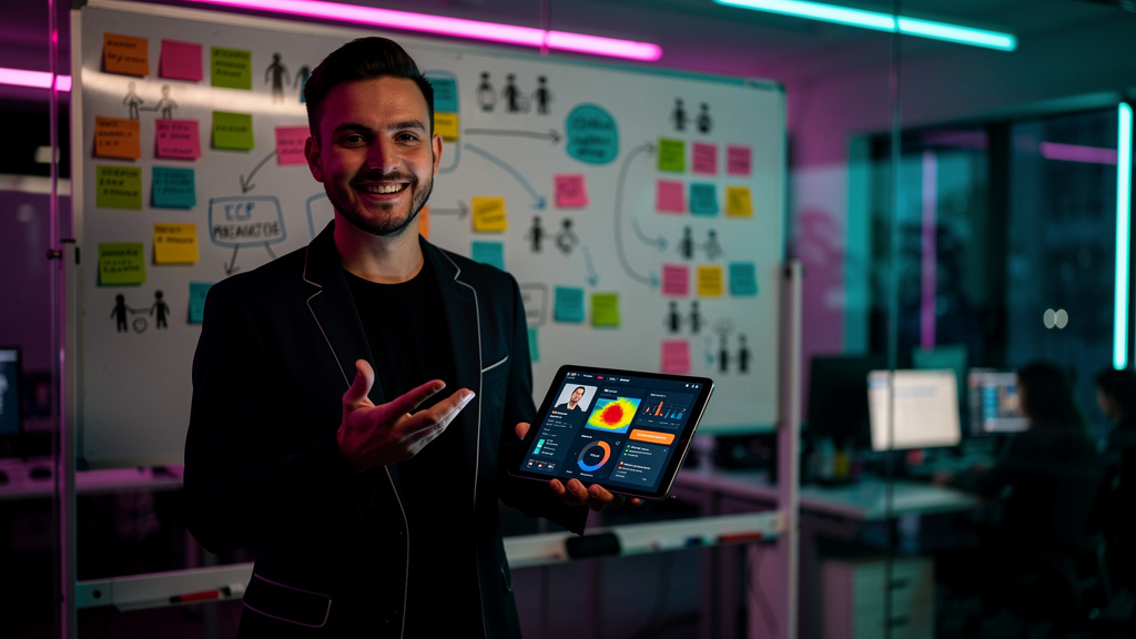 SDR com IA: Qualificação de Leads e Agendamento 24/7 — Um SDR sorrindo, gesticulando com um tablet na mão. O tablet exibe um painel da Toolzz AI mostrando um lead com alta pontuação e informações deta