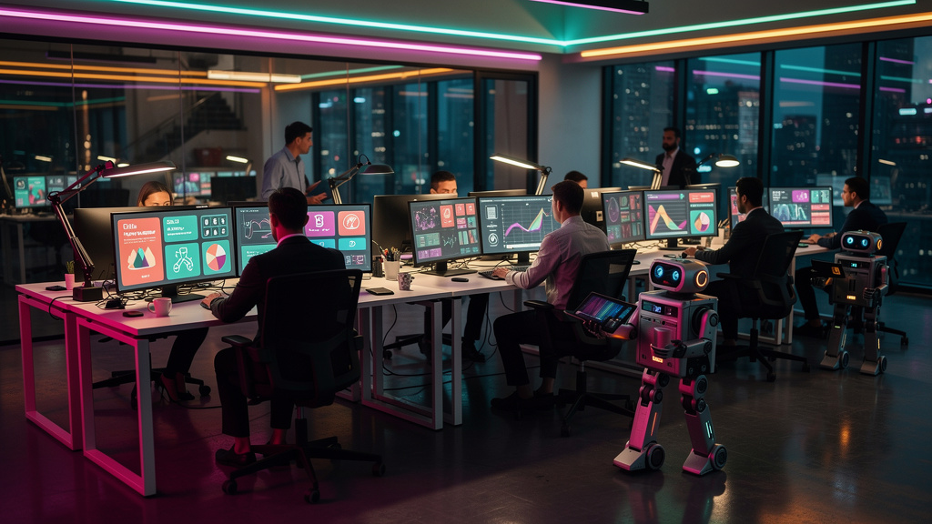 Secretaria de IA: O Futuro da Eficiência Empresarial — Um escritório movimentado visto de um ângulo elevado, mostrando várias telas com diferentes interfaces de agentes de IA (SDR, CRM, Suporte, Agend