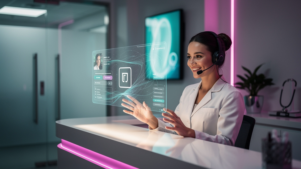 Secretaria IA para Médicos: Otimize sua Prática — Uma recepcionista de consultório médico sorrindo, sentada em sua mesa, com um fone de ouvido. Em vez de digitar em um computador, ela está gesticuland