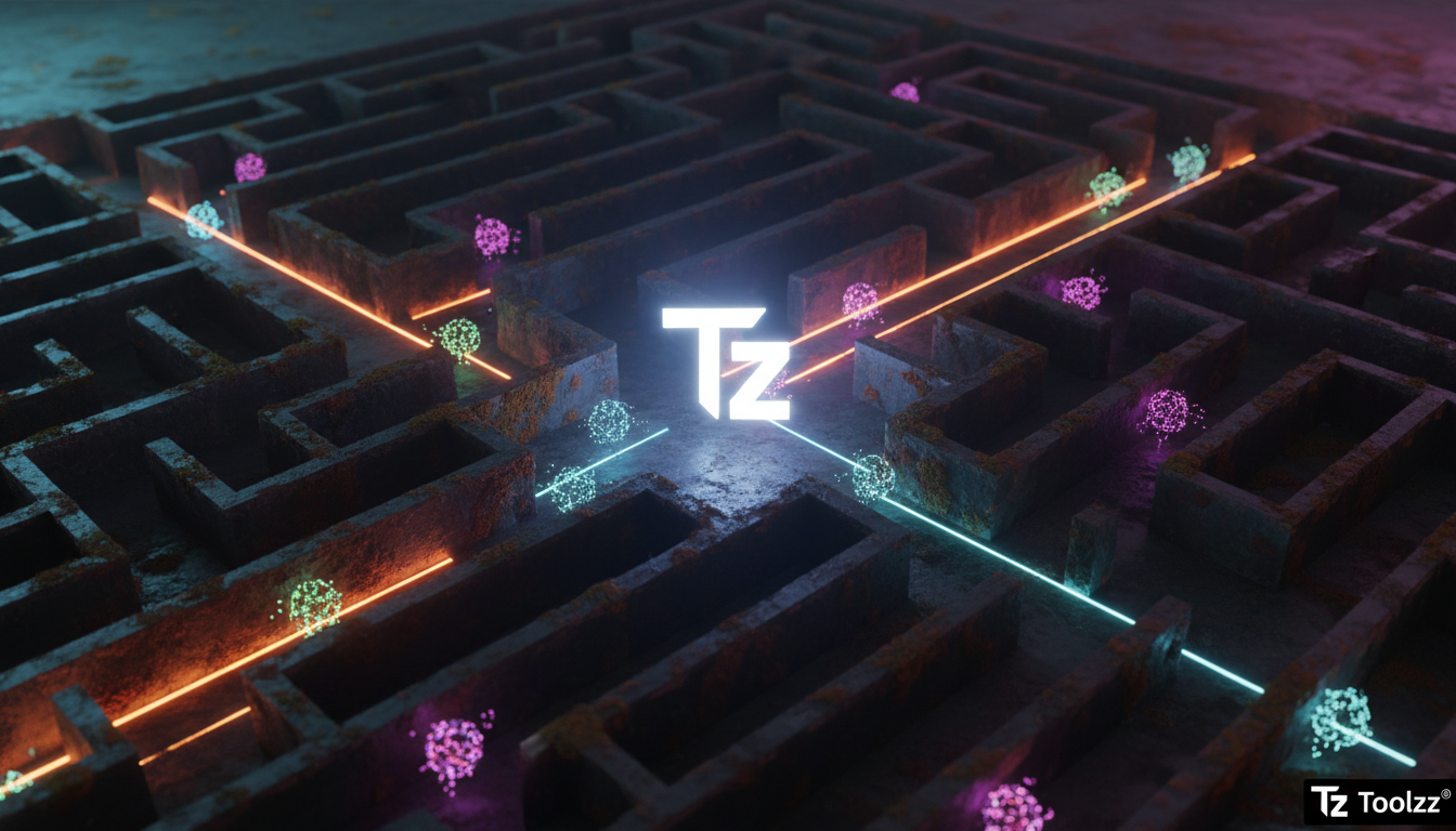 Segurança em Agentes de IA: A Importância da Identidade e Intenção — Visão aérea de um labirinto complexo, com agentes de IA representados como pequenas esferas de luz movendo-se através dele. Algumas