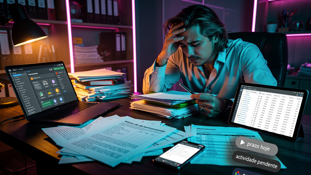 Sem portal do professor explicado: do básico ao essencial — Uma mesa de escritório moderna com diversos objetos espalhados: papéis desorganizados, vários dispositivos (laptop, tablet, smartphone) exib