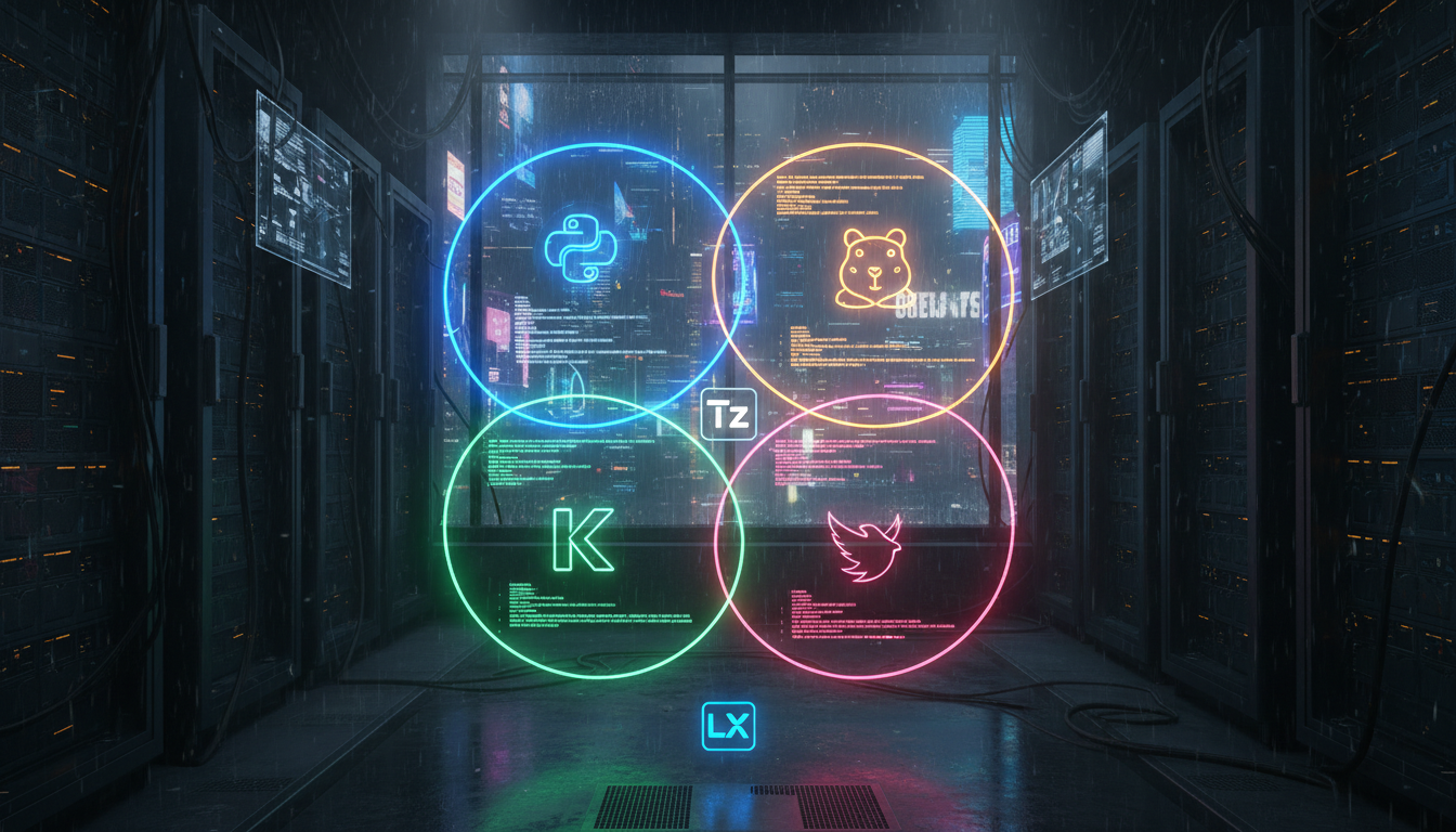 Semicolons Desnecessários: Como Diferentes Linguagens Lidam com o Fim de Linha — Um diagrama de Venn que mostra a sobreposição e as diferenças entre Python, Go, Kotlin e Swift em relação ao uso de pon