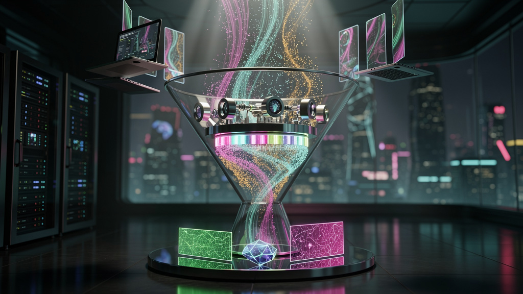 SEO para LLMs 2026 descomplicado: guia visual e prático — Ilustração digital de um funil de marketing futurista, com um design limpo e cores vibrantes. No topo do funil, várias fontes de dados e infor