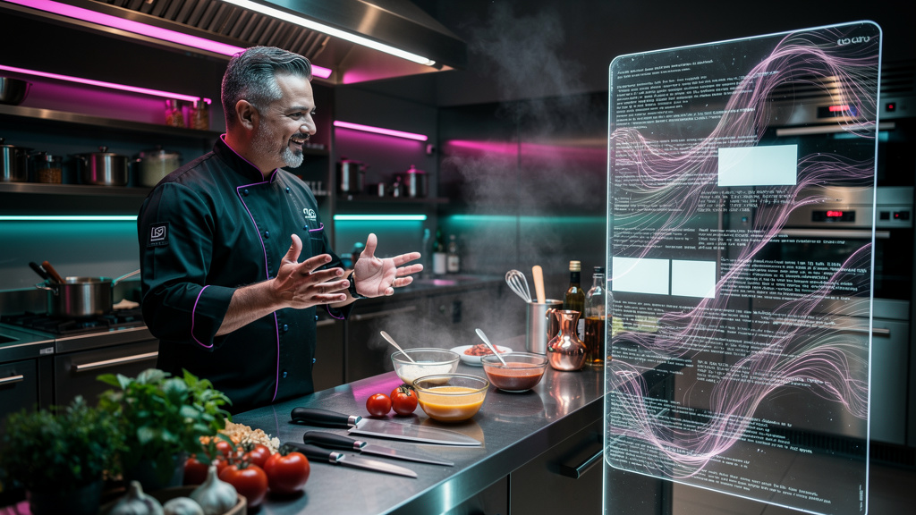 SEO para LLMs em 2026: Domine a Busca com IA — Um chef de cozinha renomado, com ar de especialista, gesticulando enquanto explica a um LLM (representado por uma tela translúcida com texto codificado)