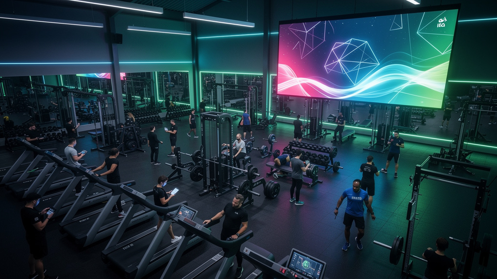 SEO para LLMs em 2026: Guia para Academias e Personal Trainers — Uma visão aérea de uma academia lotada, com diversas pessoas se exercitando em diferentes equipamentos. Uma tela grande exibe a frase '