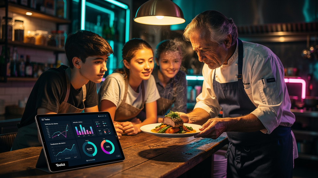 SEO para LLMs em 2026: Guia para Restaurantes e Delivery — Em um restaurante aconchegante, um chef experiente, com rugas que contam histórias, compartilha um prato especial com um grupo de jovens apre