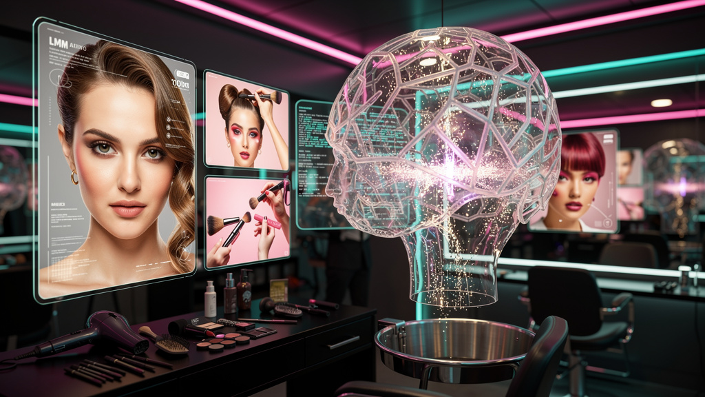 SEO para LLMs em 2026: Salões de Beleza na Era da IA — Um close-up estilizado de um LLM (Large Language Model) translúcido, com linhas de código intrincadas fluindo através de sua forma. O LLM está 'a