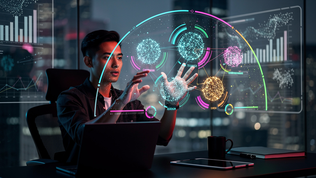 SEO para LLMs em 2026: Toolzz vs. Anyword — Um especialista em marketing digital, em 2026, usando uma interface holográfica onde modelos de linguagem grandes (LLMs) são representados como constelações