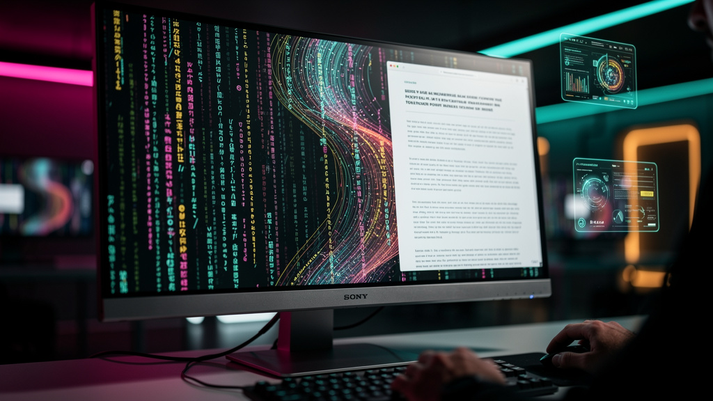 SEO para LLMs em 2026: Toolzz vs. Resultados Digitais — Um close-up estilizado de um monitor exibindo linhas de código complexas e algoritmos de IA se transformando em um texto de blog otimizado. O lo