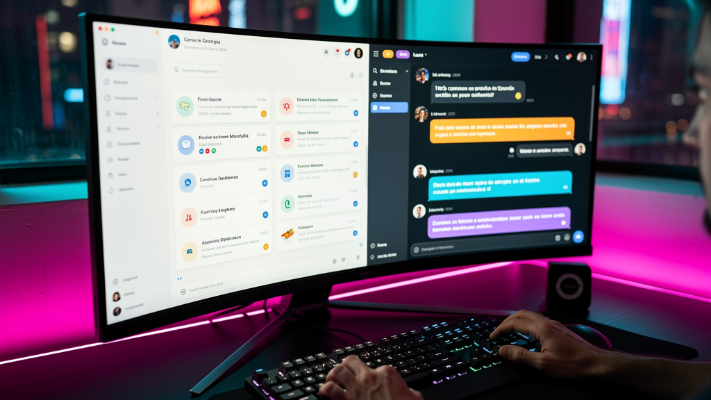 SEO para LLMs em 2026: Toolzz vs. Tryprofound — Uma tela de computador mostrando uma interface de usuário moderna e intuitiva, com destaque para um chatbot de IA conversando em português. O chatbot es