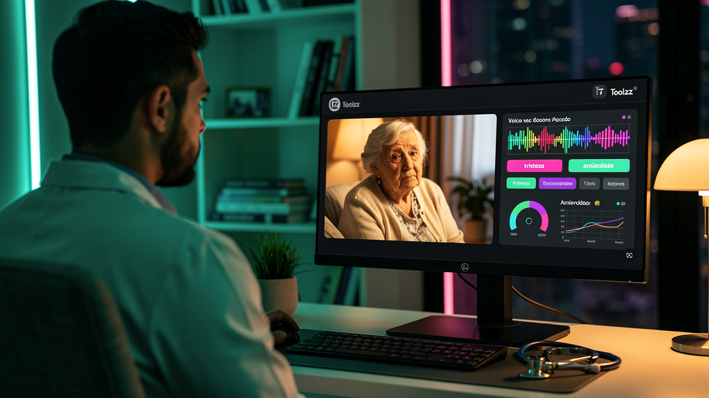 SER e IA: Reconhecendo Emoções para o Bem-Estar — Ilustração digital estilo editorial mostrando um médico em uma consulta remota por vídeo com um paciente idoso. O software de análise de voz da Toolzz