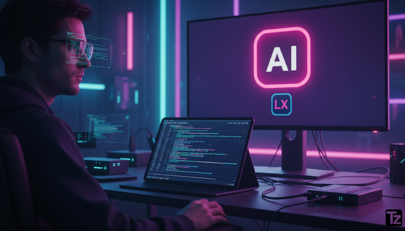 Serveless IA: Otimize Backends com Funções e Automação — Um desenvolvedor trabalhando em um terminal que exibe código Python elegante para funções serverless de IA. A tela do terminal reflete em seus 