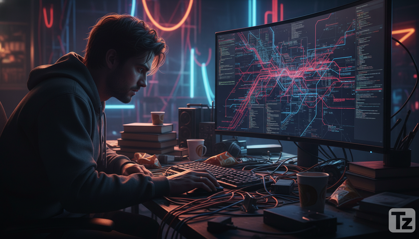 Serveless IA: Simplifique o Backend de Inteligência Artificial — Um desenvolvedor solitário, sob a luz fraca de um monitor, lutando com linhas complexas de código de backend de IA. Cabos emaranhados e
