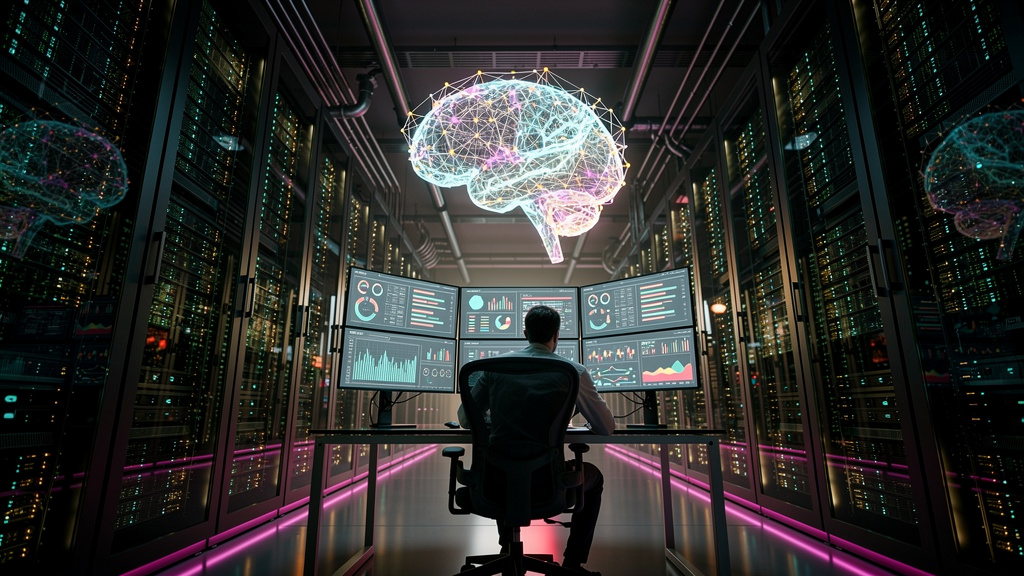 Serviços Financeiros impulsionados por IA: Casos de Uso e Benefícios — Uma cena em um data center moderno e vibrante. Servidores com luzes piscando em várias cores. Uma projeção holográfica de um cére