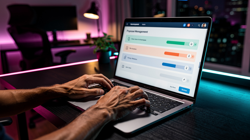 Simplificando a Gestão de Propostas com ProposalLock em 2026 — Close-up das mãos de um freelancer digitando rapidamente em um laptop moderno. Na tela, vislumbra-se a interface limpa e intuitiva do Pro
