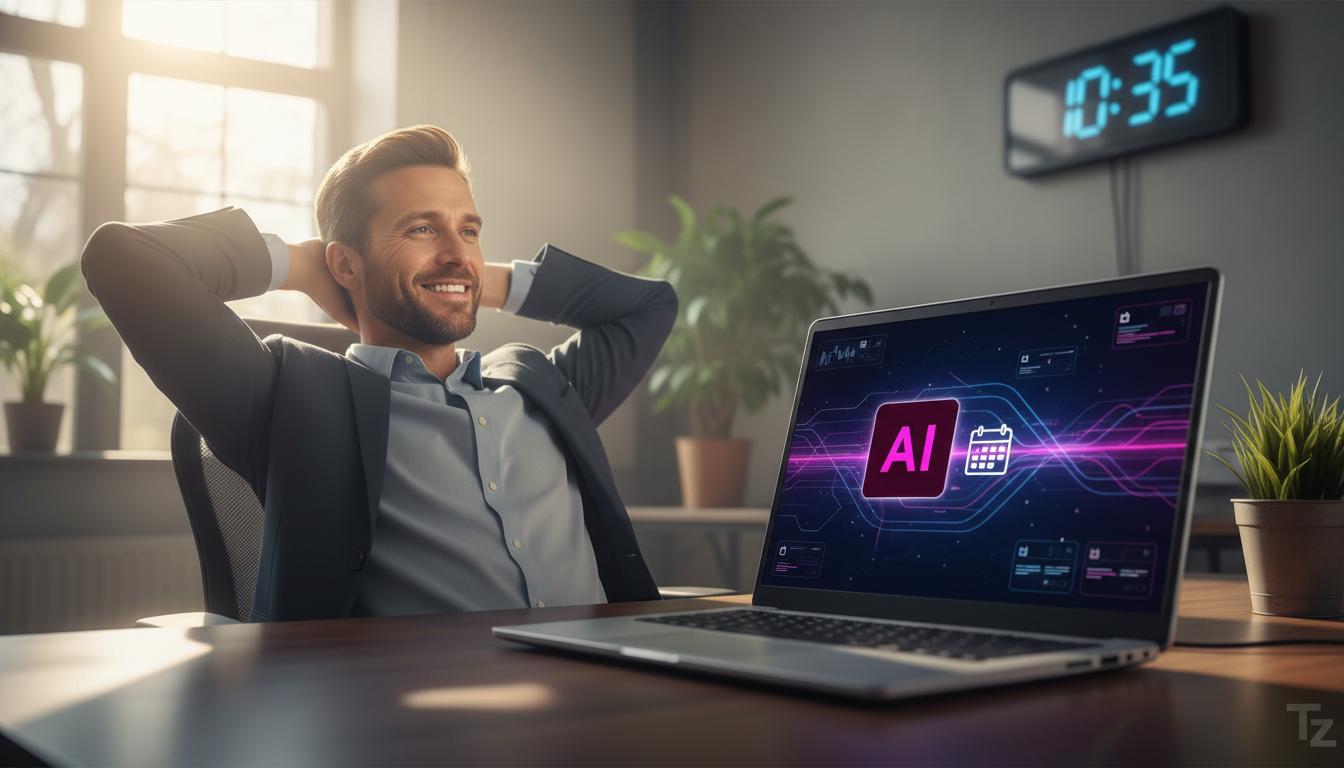 Simplificando Agendamento com IA — Um consultor sorrindo, relaxado em sua mesa de escritório ensolarada, enquanto um agente de IA da Toolzz trabalha silenciosamente em segundo plano em um laptop, agen