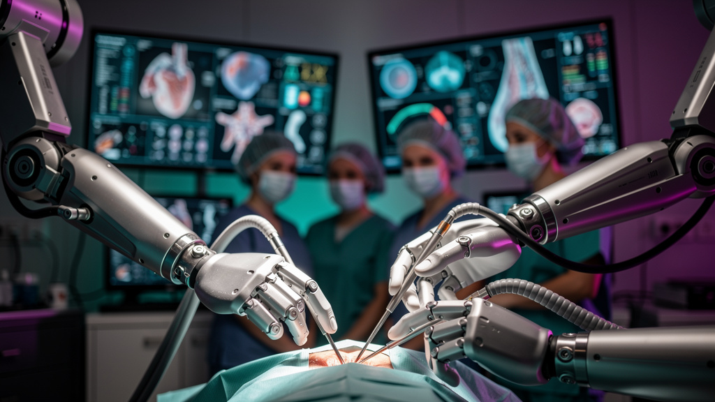 Simplificando Decisões Complexas com Human Approval em Workflows de IA — Um close-up das mãos de um cirurgião robótico realizando uma operação delicada. Em segundo plano, uma equipe médica observa ate