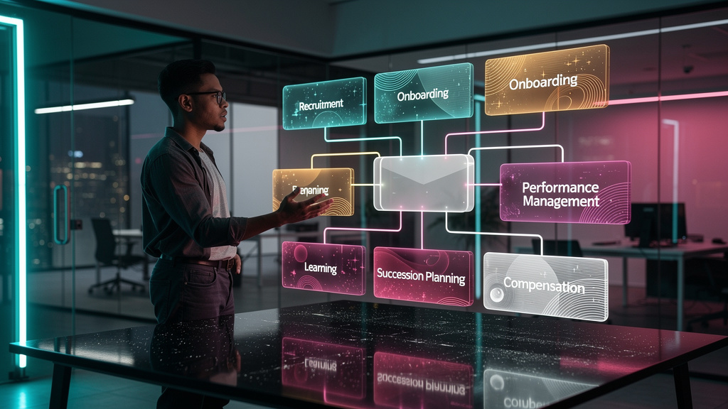 Simplificando Gestão de Talentos com 10 Alternativas ao SAP em 2026 — Um organograma moderno e minimalista que representa visualmente a estrutura de um sistema HCM baseado na nuvem. As diferentes caix