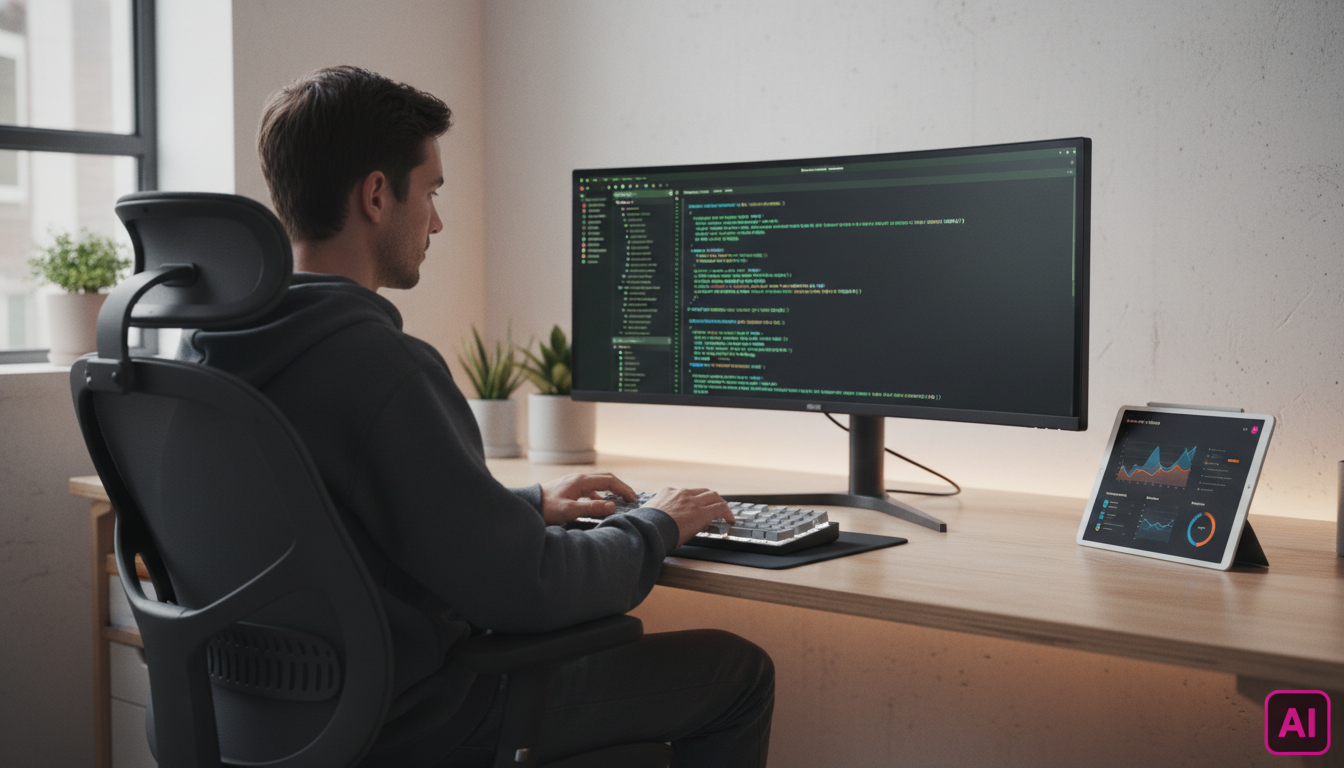 Simplificando o Crescimento: Como Criar Sites de Nicho com IA — Um programador minimalista, sentado em uma cadeira confortável em um ambiente clean e organizado, focado em um monitor exibindo código H