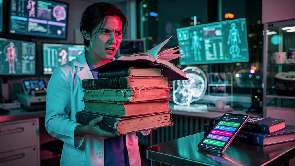 Simplificando o Treinamento de Médicos com LXP — Um médico tentando desesperadamente equilibrar uma pilha de livros médicos antigos e pesados, enquanto seu smartphone mostra notificações de cursos onl